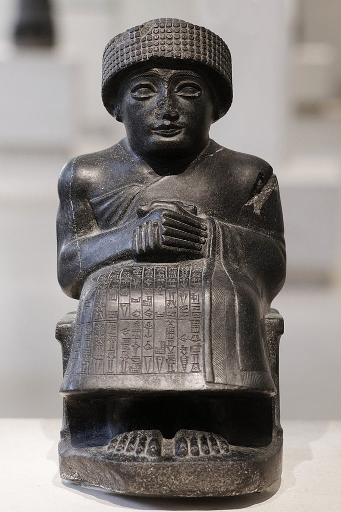 Diorite statue of Gudea, circa 2120 BC, Louvre Museum